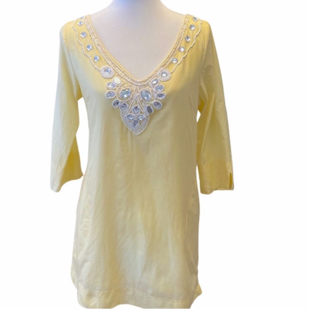Julie Brown Yellow Beaded Tunic Blouse | Size 4 / Small